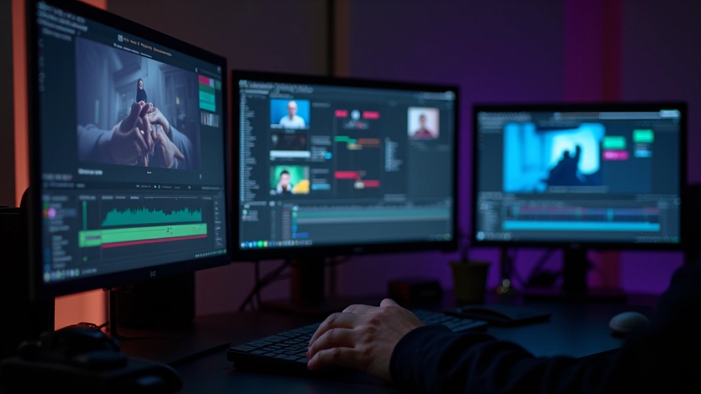 Estúdio de motion design moderno com múltiplos monitores e setup profissional de animação
